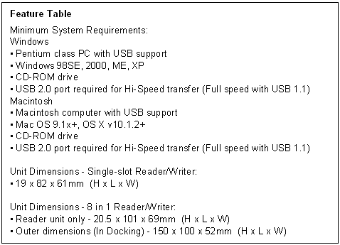 Feature table listing the system requirements and dimensions for SanDisk Card Readers, including compatibility with Windows and Macintosh systems, and details for single-slot and 8-in-1 readers.
