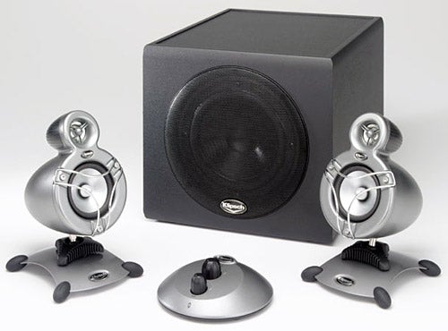 Klipsch Promedia GMX A-2.1 speaker set featuring two satellite speakers and a subwoofer on a white background.