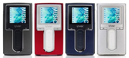 Four iRiver H10 digital audio players in different colors (black, red, blue, and silver) displayed side by side.