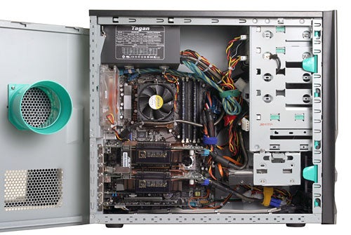 Interior view of an Evesham Duel SLi Gaming PC showing the layout and components including the motherboard, power supply, and various connections and cables.