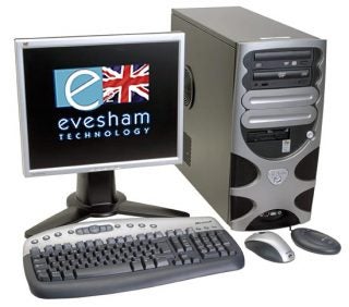 Evesham Duel SLi Gaming PC setup featuring a desktop tower, flat-screen monitor with Evesham Technology logo on display, keyboard, and optical mouse.