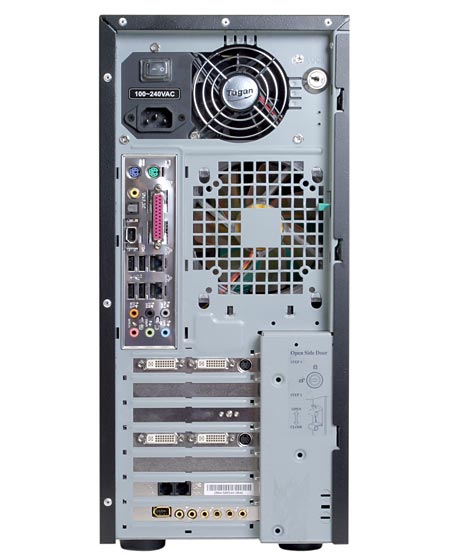 Rear view of Evesham Duel SLi Gaming PC showing various ports and connectors, power supply unit, and expansion slots.