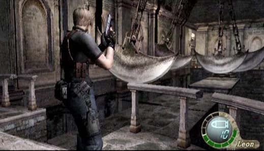 Screenshot from the video game Resident Evil 4 showing the protagonist, Leon S. Kennedy, with a gun in a dimly-lit castle interior with stone pillars and hanging chandeliers. Health and ammo indicators are visible on the screen.