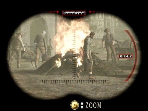 A screenshot from the video game Resident Evil 4 showing an in-game scoped view with the player aiming at characters around a fiery barrel.