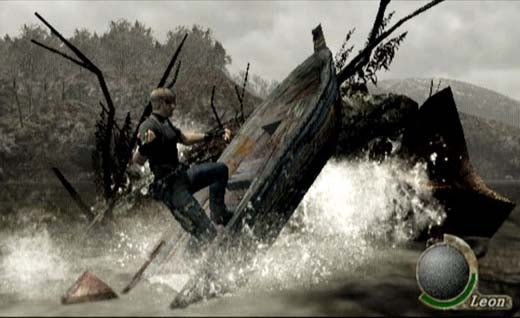 Screenshot from the game Resident Evil 4 showing the main character, Leon, on a boat in a body of water with dramatic splashes, surrounded by bleak, dead trees.