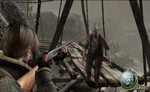 Screenshot from the video game Resident Evil 4 showing the protagonist aiming a weapon with a laser sight at an approaching enemy on a wooden bridge.