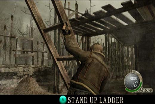 In-game screenshot from Resident Evil 4 showing the protagonist by a ladder with the action prompt 'Stand Up Ladder' displayed.
