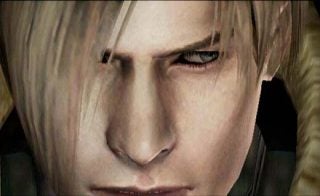 Close-up screenshot of a character from the Resident Evil 4 video game displaying detailed facial expressions and graphics quality.