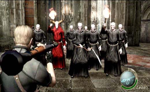 Screenshot from the video game Resident Evil 4 showing the protagonist Leon aiming a gun at a group of menacing enemies in a dimly lit castle hall.