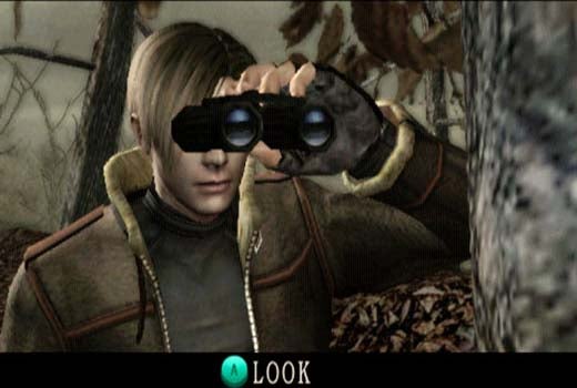 Screenshot from the video game Resident Evil 4, showing a male character with blond hair using binoculars with a command prompt labeled 'LOOK' and an action button displayed on-screen.