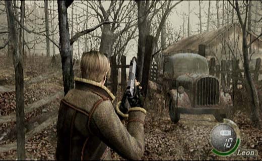 In-game screenshot of Resident Evil 4 showing the protagonist Leon S. Kennedy from the back, aiming a handgun, in a desolate forest setting with an old truck in the background.