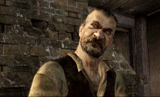 In-game screenshot from Resident Evil 4 showing a detailed character model of a male villager with a beard, intense expression, and rustic attire, set against a background featuring stone walls.