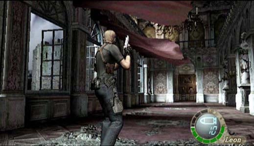 Screenshot from the game Resident Evil 4 showing the main character, Leon, aiming a gun in an ornate room with damaged interiors.