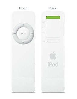 Front and back views of a white Apple iPod shuffle, displaying the circular control pad and the rear clip.