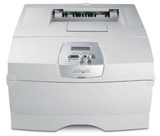 Lexmark T430 laser printer on a white background showing front panel and paper output tray.