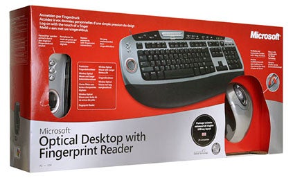 Microsoft Optical Desktop with Fingerprint Reader product packaging showcasing the wireless keyboard and mouse with built-in biometric security feature.