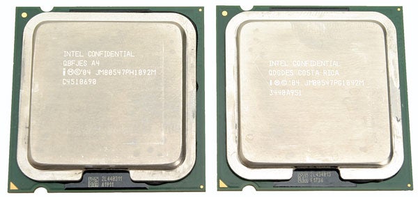 Two Intel Pentium 4 processors side by side with visible model information and 'Intel Confidential' marking.