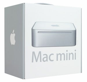 Apple Mac mini packaging box displaying an image of the compact desktop computer on the front.