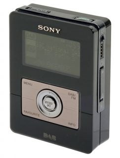 Sony XDR-M1 Pocket DAB Tuner, a compact digital radio with a black and silver design, featuring an LCD display and control buttons.