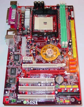 MSI K8N Neo3-FSR motherboard with colorful expansion slots, CPU socket, and chipset cooler visible against a white background.