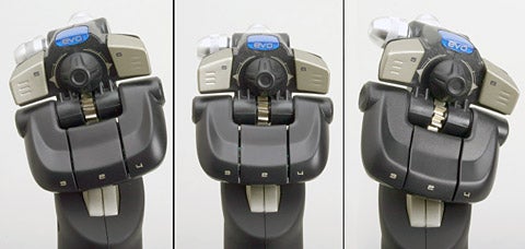 A triptych of the Saitek Cyborg Evo Force Joystick from different angles showcasing its design and button layout.