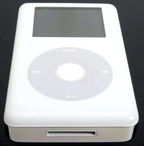 Close-up view of an Apple iPod Photo showing the front interface with the display and click wheel