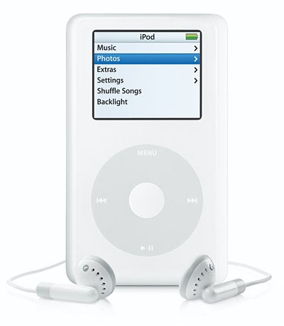 White Apple iPod photo with earbuds displayed against a plain background, showing the interface menu with options for 