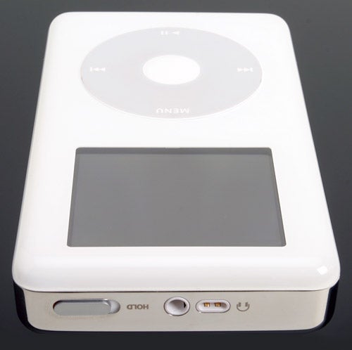White Apple iPod Photo with Click Wheel and color display, viewed from the front against a black background.