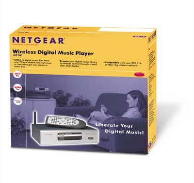 Product packaging for Netgear MP101 Wireless Digital Music Player featuring the device and a visual representation of music liberation in a home setting.