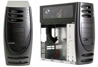 Product review image showing two views of the Asetek VapoChill XE II Refrigerated PC Case: one view with the case closed highlighting the sleek black exterior design, and another view with the case open showing the internal components and refrigeration system.