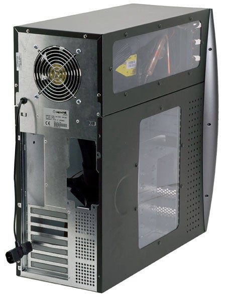 Asetek VapoChill XE II refrigerated PC case shown at an angle, highlighting the side window, cooling components, and exterior design.