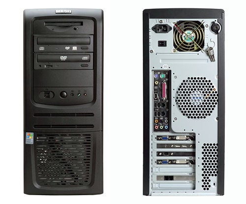 Front and rear view of the Mesh Matrix Fireblade TRX - SLi PC showcasing its black tower case, with DVD drive, USB ports, and additional drive bays visible on the front panel, and various input/output ports and expansion slots on the rear panel.