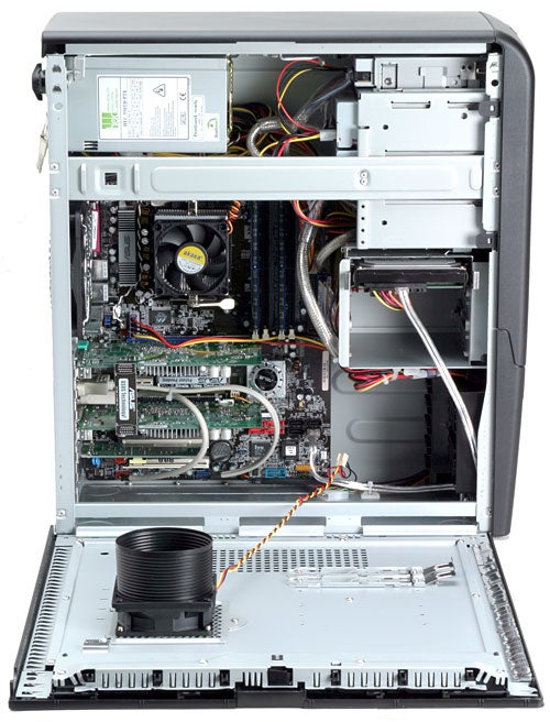 Interior view of an open Mesh Matrix Fireblade TRX - SLi PC showing the arrangement of components including motherboard, cables, and cooling system.