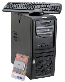 Mesh Matrix Fireblade TRX - SLi PC with keyboard and mouse on top and an 8-in-1 card reader attached to the front.