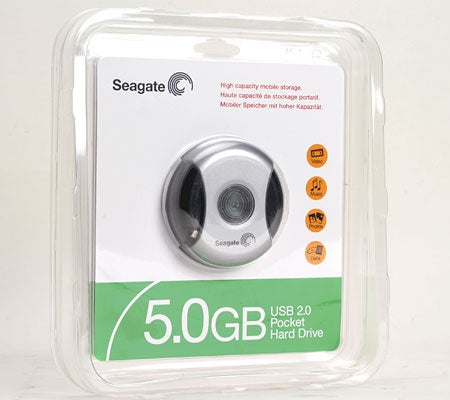 Seagate 5.0GB USB 2.0 Pocket Hard Drive packaged in a clear plastic blister pack with product information and logo visible.