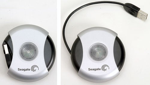 Two views of the Seagate 5.0GB USB 2.0 Pocket Hard Drive, showing the compact disk-shaped design with a built-in retractable USB cable.