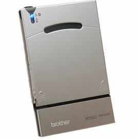 Brother MPrint MW-140BT Portable Printer with a sleek silver design, compact size, and blue button details.
