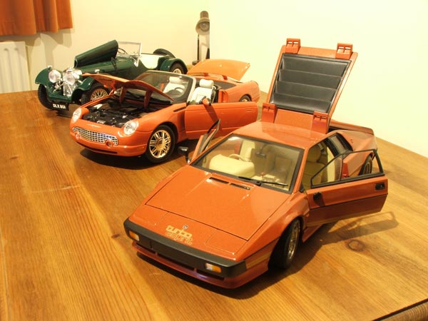 A collection of detailed scale model cars displayed on a wooden surface, possibly taken with a Fujifilm FinePix S5500 camera to demonstrate image quality.