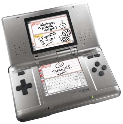 A silver Nintendo DS handheld console open with screens displaying handwritten notes and drawings on its dual-screen interface.