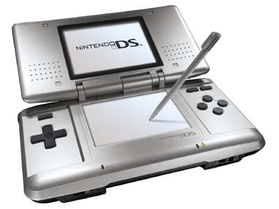 Nintendo DS handheld console in open position with stylus on white background