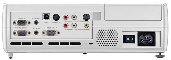 Rear view of Toshiba TDP-SW20 Wireless DLP Projector showing connectivity ports including VGA, USB, video inputs, and power socket.