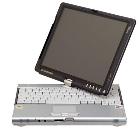 Fujitsu-Siemens Lifebook T4010 convertible tablet laptop with swiveled screen and full keyboard visible on a white background.