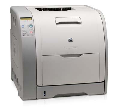 HP Color LaserJet 3550 color laser printer on a white background, showing the printer's front view with its paper tray closed and control panel visible.