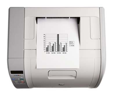 HP Color LaserJet 3550 colour laser printer with a printed sheet featuring a bar graph on the output tray.