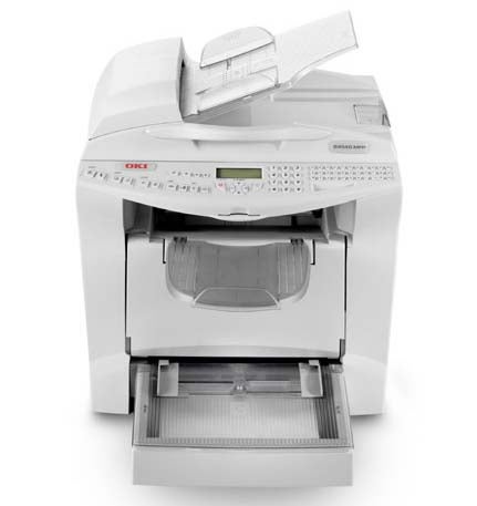Front view of the OKI B4540 MFP multifunction device showing its paper tray, control panel, and document feeder.