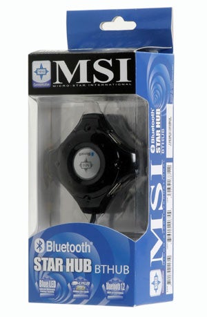 MSI Star Hub Bluetooth/USB Hub packaging featuring the black star-shaped hub with a prominent MSI logo, enclosed in a blue and white box with product features listed.