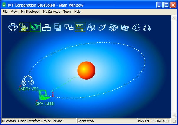 Screenshot of IVT Corporation BlueSoleil Main Window showing a graphical user interface for Bluetooth connections with devices such as JABRA and SPV C500 paired, indicating connectivity features that might be available in the MSI Star Hub product review.