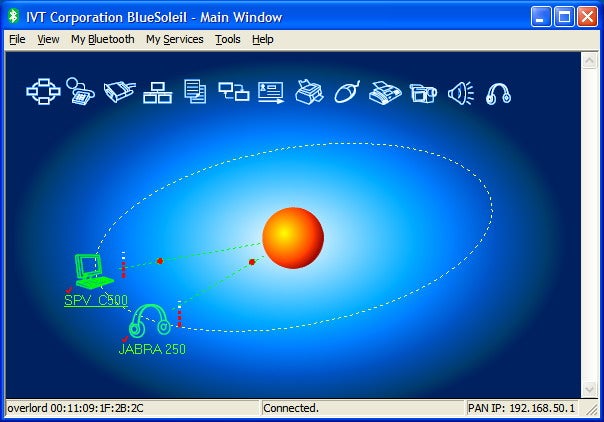 Screenshot of the IVT Corporation BlueSoleil software's main window showing a graphical user interface for connecting Bluetooth devices such as a computer and a Jabra headset.