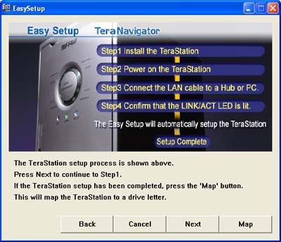 Screenshot of the setup process for the Buffalo Technology TeraStation NAS box, displaying the TeraNavigator Easy Setup guide with instructions on screen.