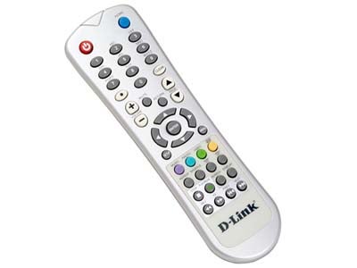 D-Link DSM-320 Media Lounge remote control with multi-colored buttons on a white background.